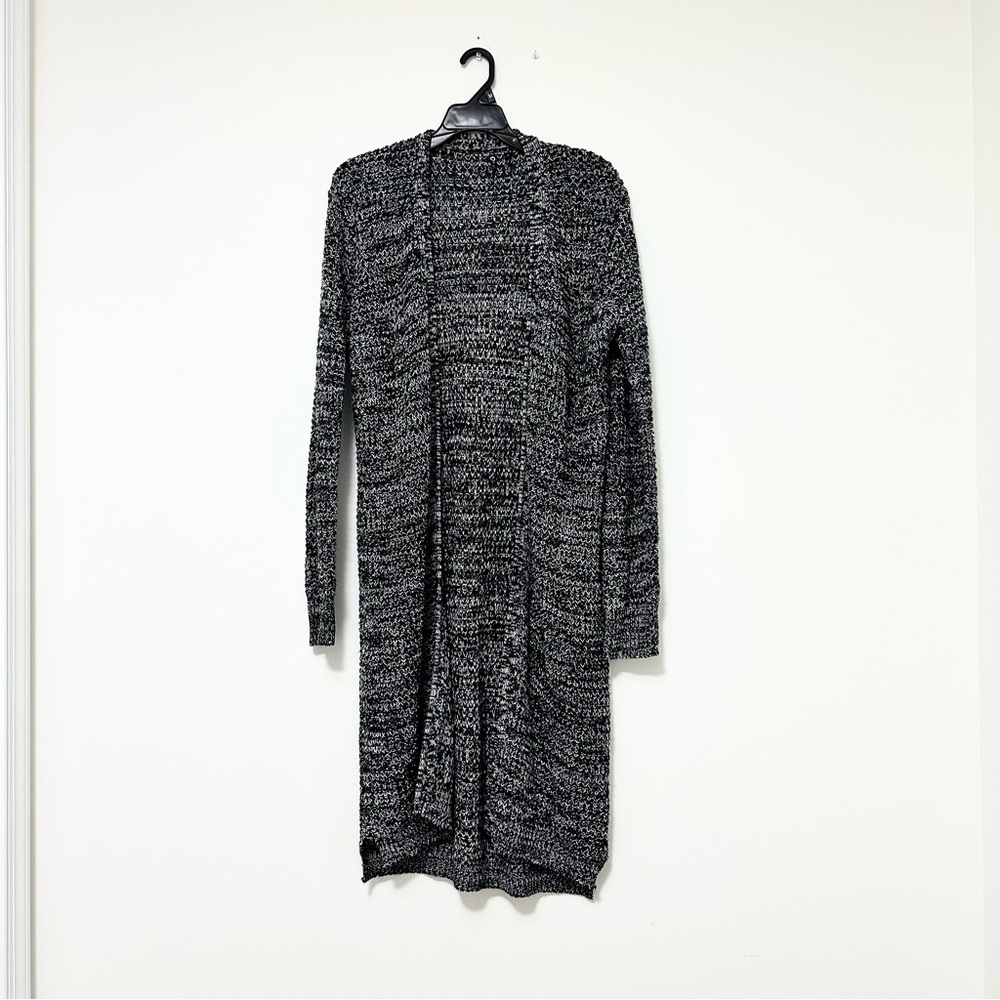 Long Open-Front Marled Knit Cardigan - Black/Gray/White by Poof Women's Small